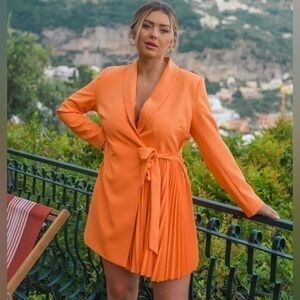 Orange Pleated Blazer Party Brunch Vacation Wedding Guest Dress